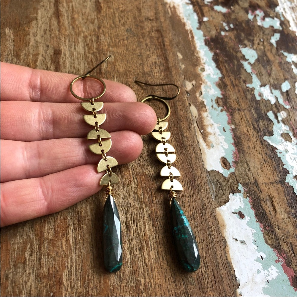 Handmade Brass moon phase earrings with chrysocolla drops!